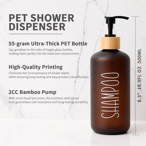 Vista 3 de MOMEEMO Juego de dispensador de ducha ámbar, contiene 3 botellas de plástico PET extra gruesas con bombas de bambú, dispensador de champú