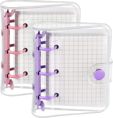 Vista 8 de 2 juegos de mini fundas transparentes de 3 anillos con mini bolsillos interiores de papel para carpeta, cierre de cuaderno de PVC suave y Blanco