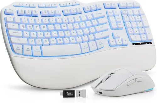 Vista 10 de Combo ergonómico de teclado y mouse inalámbricos, teclado retroiluminado recargable de 4000 mAh con un reposamanos suave de piel de cordero