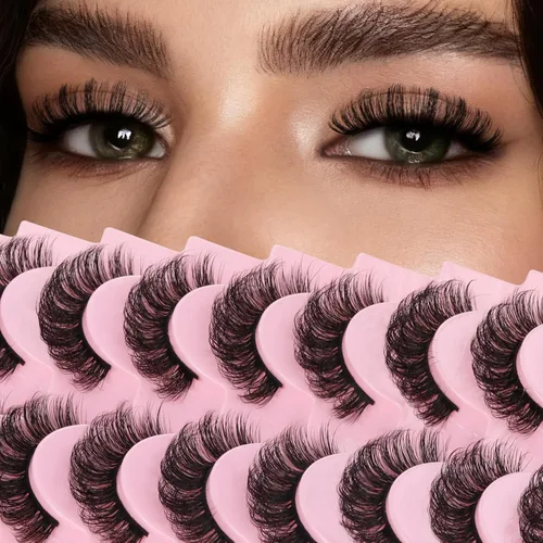 Vista 10 de Ahrikiss - Pestañas rusas postizas con aspecto de extensiones, rizo en D, esponjosas y voluminosas, 10 pares de pestañas postizas naturales