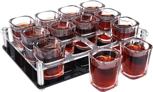 D&Z Vaso de chupito de 2 onzas con soporte, juego de vasos de chupito de tequila, fácil de llevar, 12 vasos de base pesada sin derrames, bandeja de
