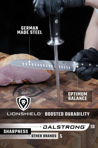 Vista 5 de Dalstrong Juego de cuchillo y tenedor para carne - Gladiator Series Elite - Varilla de afilar de 8 pulgadas - Acero alemán forjado HC - Cuchillo