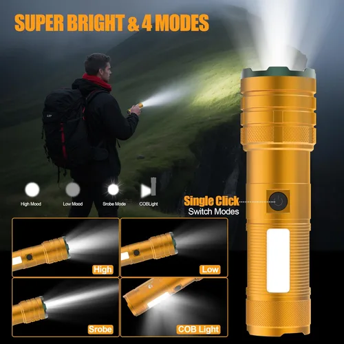 Vista 2 de Linternas recargables Limalnicy de alto lúmen 10000 de larga duración, 4 modos con luz COB lateral, súper brillante linterna LED con entrada