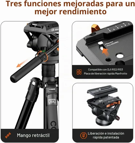 Vista 2 de COMAN Trípode de cabeza fluida para videocámara DSLR, trípode monopie de cámara de 360° Pan++inclinación de 90°/-70°, nuevo Q6 cabezal fluido