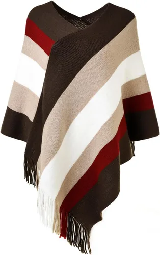 Vista 12 de Ferand Suéter tipo poncho a rayas para mujer, acogedor chal de punto con flecos para otoño e invierno Negro & gris