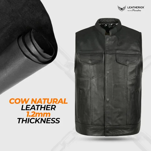 Vista 5 de Leatherick Mens Black Motorcycle Vests - Top Grain Cow Leather SOA Club & Traditional Paisley Satin Liner Leather Biker Vests