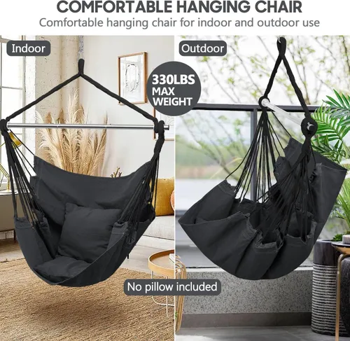 Vista 2 de Silla hamaca colgante con cuerda – Silla colgante para dormitorio, patio, interior, exterior, hamaca columpio de acero resistente con anillos