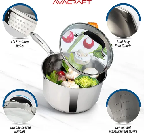 Vista 6 de AVACRAFT Cacerola de acero inoxidable con tapa coladora de vidrio, dos picos laterales para verter fácilmente con mango ergonómico, olla multiusos