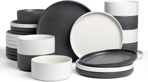 Vista 22 de famiware Juego de vajilla con estrellas, juego de platos y cuencos para 4, 12 piezas de vajilla acanalada - Resistente a las astillas y a