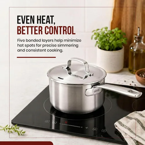 Vista 3 de Alva Maestro - Cacerola de acero inoxidable recubierta de 5 capas con tapa, olla pequeña de 1.5 cuartos de galón, compatible con inducción, apta