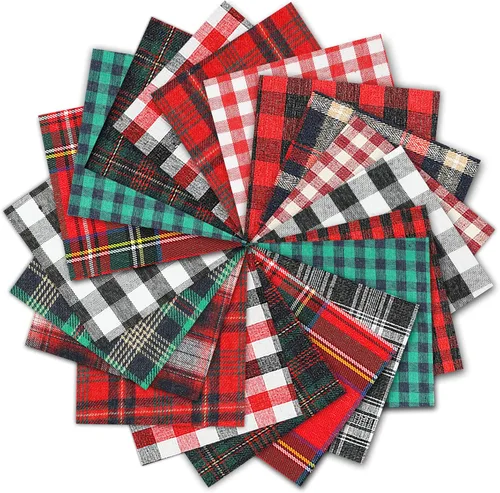 Whaline 30 piezas de cuadros de tela a cuadros de Navidad, tela de algodón cuadrados, cuadrados, rojos, verdes, negros, blancos, 15 diseños,