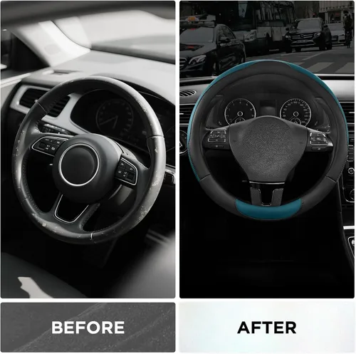 Vista 3 de Road Comforts Funda para volante, de piel antideslizante y transpirable, ajuste universal de 14.5 a 15 pulgadas, agarre cómodo, color azul