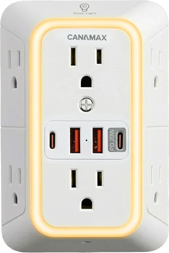 Multi Plug Wall Outlet Extender - 6 Outlet Splitter & 4 USB Ports with 20W PD USB-C Fast Charging, Smart Night Light, 3-Sided 1050J Surge Protector