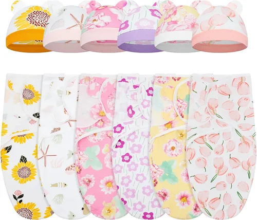 Vista 23 de Ramede - Juego de 6 Mantas para Envolver con Gorras para Bebé Niña o Niño, 100% Algodón, 0-3 Meses, Ajustable, Transpirable, Amigable para la Piel