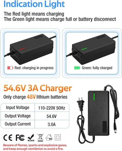 Vista 6 de Cargador de 54.6V 3A, la velocidad de carga es 100% más rápida que 1.5A y 50% más rápida que 2A, 6 enchufes para varias baterías de litio, como