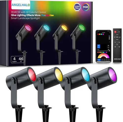 Vista 10 de ANGELHALO Focos de paisaje inteligentes, focos impermeables al aire libre de bajo voltaje IP65 compatibles con control de APP/Voz/Alexa, luces que