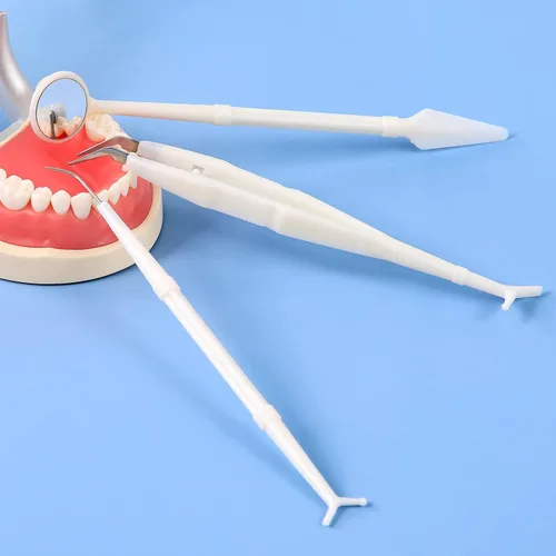Vista 4 de JMU Paquete de 10 kit de examen dental desechable, juego de 3 instrumentos básicos, embalaje estéril, alicates de sonda explorador de espejo dental