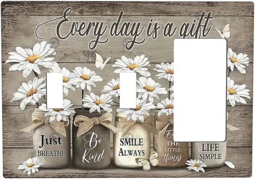 Vista 118 de Placa de Pared en Blanco de 1-Gang Sin Dispositivo Beige Lindo Vintage Boho de los 70s Hongo Fungus Planta Floral Botánica Libélula Interruptor