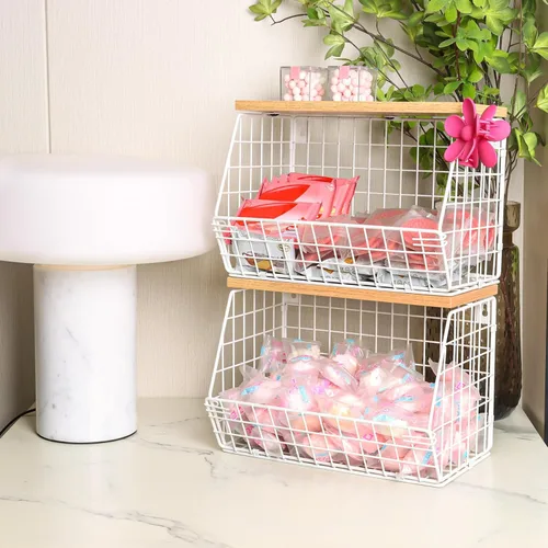 Vista 5 de Estante Magnético para Refrigerador con Tapa de Madera, Cesta de Frutas Resistente, Contenedores de Almacenamiento de Frutas, Papas y Cebollas