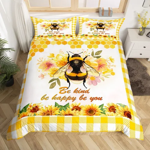 Vista 16 de Juego de ropa de cama de abeja amarilla para niñas y niños, funda de edredón con textura de madera de abeja tamaño Queen, funda de edredón de abeja