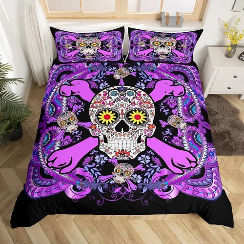 Vista 13 de Funda de edredón de calavera de azúcar, tamaño individual, juego de ropa de cama bohemio de cachemira gótica, funda de edredón exótica bohemia