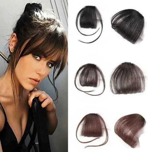 Vista 6 de Glamza Clip en fleco frontal con fleco "Big Bang" para mujer, disponible en negro, marrón oscuro o marrón claro con o sin patillas (negro