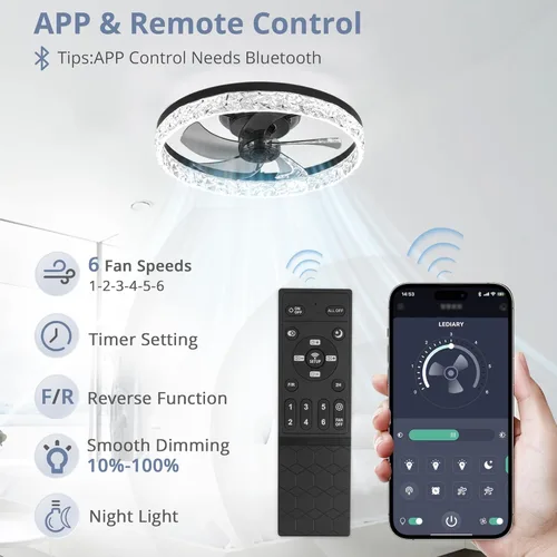 Vista 3 de LEDIARY Ventiladores de Techo Modernos de 20" con Luces y Control Remoto, Ventilador de Techo Regulable de Perfil Bajo, Ventilador de Techo