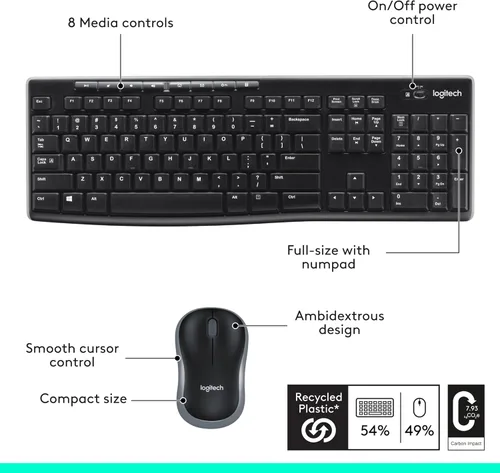 Vista 7 de Logitech MK270 - Combo de teclado y mouse inalámbrico para Windows, 2.4 GHz, 8 teclas multimedia, PC, portátil, teclado inalámbrico y mouse compacto