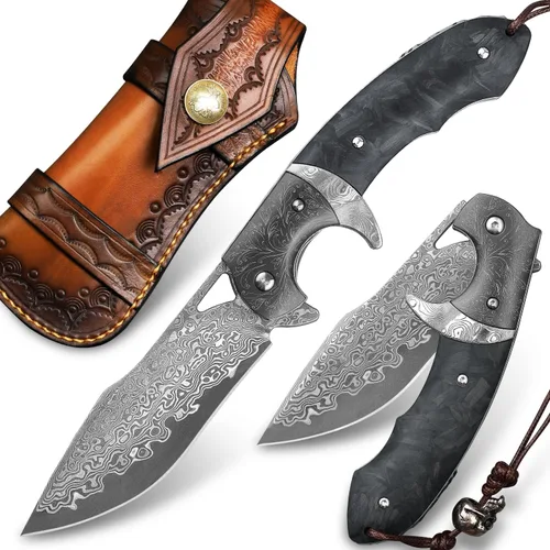 Cuchillo plegable de acero de Damasco hecho a mano con estuche de cuero, hoja de núcleo de acero VG10 de 3.8 pulgadas, rodamientos de bolas de acero