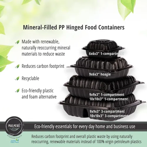 Vista 3 de MULMEHË Recipientes de comida para llevar con bisagras de plástico de polipropileno relleno mineral ecológico, 9 x 9 x 3, ventilado tres
