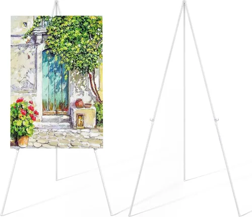 Vista 6 de SunyesYoon Soporte de caballete blanco para exhibición, trípode instantáneo de 63 pulgadas, caballete de piso portátil, póster de arte ajustable