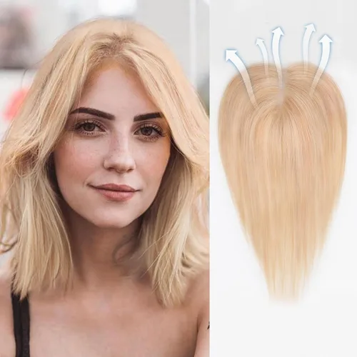 Vista 16 de HAIRCUBE Peluquines Ceniza Rubio para Mujeres de Cabello Humano Real, Extensiones de Cabello Humano 100% Remy de 3.5"*4" Atadas a Mano con Base