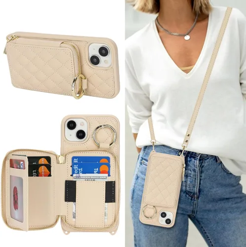Vista 11 de Funda tipo cartera con bandolera para iPhone 15 Pro Max, funda de piel sintética con cierre de cremallera, funda tipo atril con ranuras para Oro Rosa