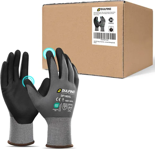 Vista 10 de DULFINE Safety Work Gloves for Men & Women, MicroFoam Nitrile Coated Nylon Black Grip for General Purpose, 3/6/12/36 Pairs