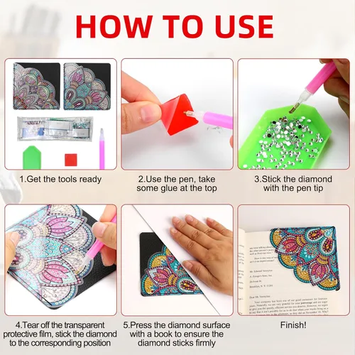 Vista 5 de 2 marcapáginas de esquina con diseño de mandala de diamante, diamantes de imitación 5D, marca de lectura de diamantes triangulares