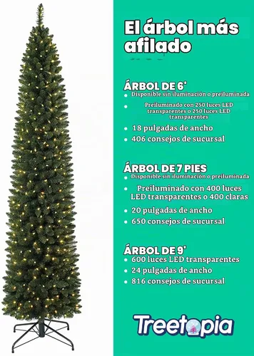Vista 4 de Treetopia Empire Pencil Tree - Árbol de Navidad artificial para interiores, preiluminado con luces LED transparentes, ramas con bisagras, decoración
