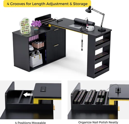 Vista 5 de Mesa de manicura con luz LED, mesa de uñas en forma de L con colector de polvo y tomas de corriente, estación de uñas de esquina de longitud