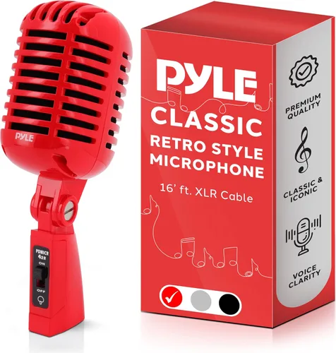 Vista 8 de Micrófono clásico retro Pyle PDMICR42R con cable de 16 pies, color rojo., Negro
