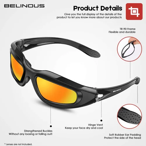 Vista 4 de BELINOUS Gafas polarizadas de motocicleta para hombre, con acolchado de espuma, resistentes al viento, antipolvo, con kit de 4 lentes