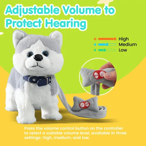Vista 4 de HCdoujoy Husky Juguete de Perro que Camina y Ladra, Musical Cantando Bailando Control de Volumen Cachorro Interactivo que Camina con Correa, Cola