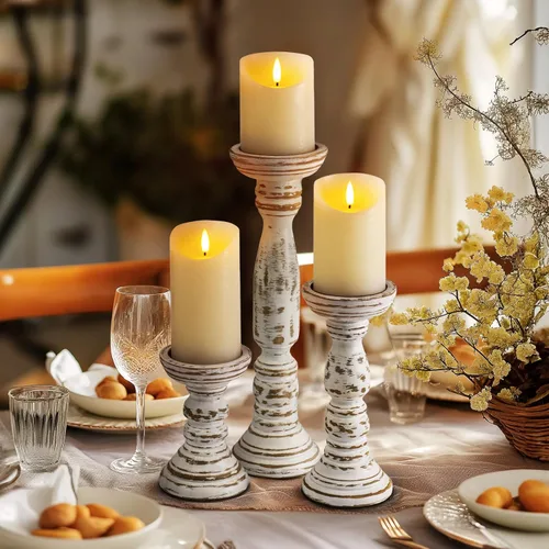 Vista 2 de Homemory Juego de 3 portavelas de madera de granja para velas de pilar, candelabros rústicos para centro de mesa, 13, 9, 6 pulgadas, vintage, alto