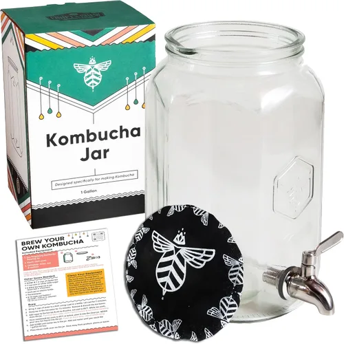 Craft A Brew - Tarro de Kombucha con válvula dispensadora - Para fermentación de kombucha - Incluye cubierta de tela personalizada- Diseño patentado