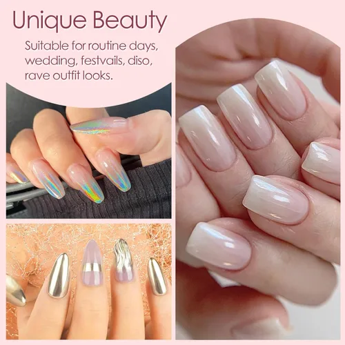 Vista 5 de Allstarry Polvo de uñas cromado, 4 piezas de pigmento blanco perla cromado, polvo iridiscente, holográfico, brillantina, polvo, efecto espejo