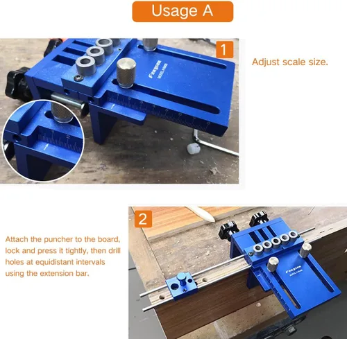 Vista 2 de HITOMEN Kit de plantilla de clavija ajustable con 5 mangas de taladro (6/8/0.394 in) para perforación precisa de orificios de clavija en carpintería