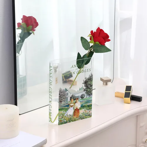 Vista 5 de Florero acrílico con forma de libro para flores, florero de libro, pequeños jarrones transparentes para el hogar, sala de estar, estantería