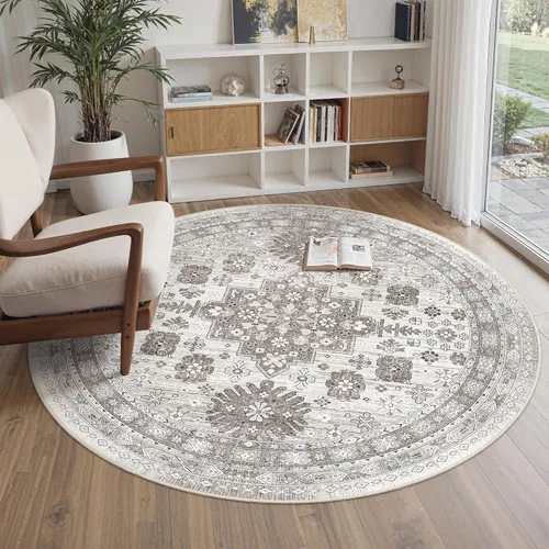 Vista 139 de zesthome Alfombras de área de 5 x 7, lavables a máquina, para sala de estar, dormitorio, resistentes a las manchas, vintage, de gran área, Beige