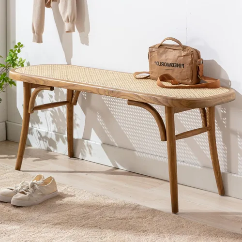 Vista 8 de Banco de comedor de madera de granja con asiento acolchado, banco de acento bohemio para entrada, dormitorio, extremo de cama, ventana de cocina