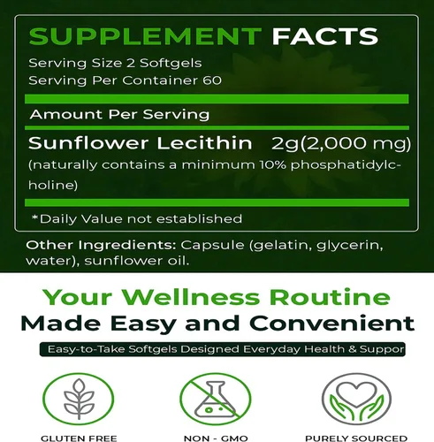 Vista 2 de Natural Nutra Suplemento de lecitina de girasol de 2000 mg, mejora la función hepática, refuerzo de memoria, sin OMG, sin gluten, 120 cápsulas