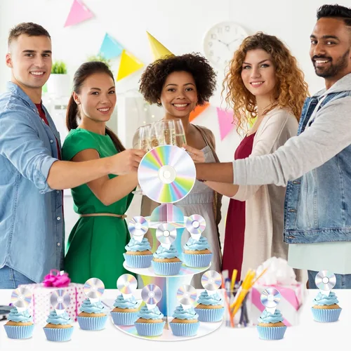 Vista 6 de 19 piezas de decoraciones de fiesta de los años 90 para CD de los años 2000, soporte retro para cupcakes Y2k, decoración de pasteles de postre