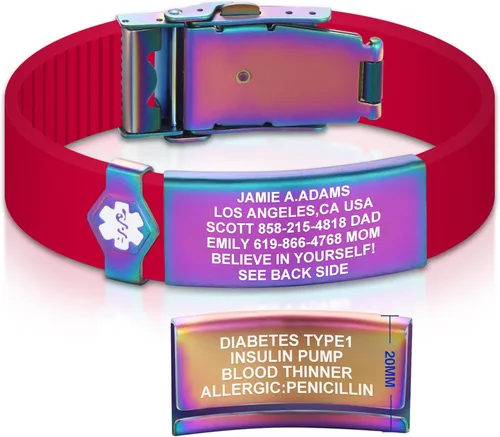 Vista 162 de Divoti Pulsera de identificación de alerta médica grabada personalizada, grabado láser de doble cara (hasta 9 líneas), pulsera de silicona ajustable